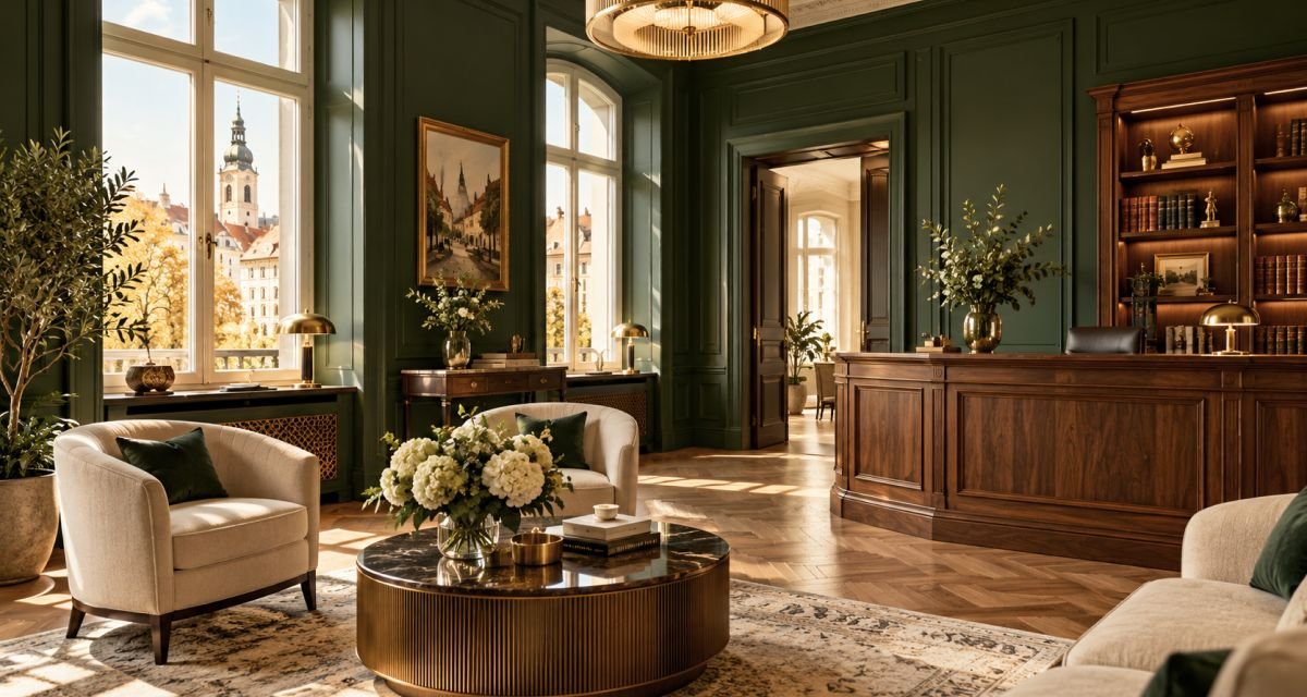 Interior de birou elegant, cu pereți verzi, mobilier din lemn și fotolii
